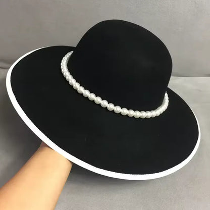 Elegancki Kapelusz Fedora z Kwiatami i Perłami – Czarny i Biały – 100% Wełna – Damski – Na Ślub, Kościół, Uroczystości